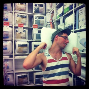 Me trying out a pillow in Bed, Bath and Beyond. Important work.