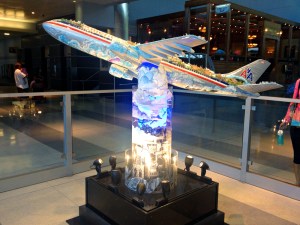 This sculpture was in JFK airport and called something like "From New York to the World." It had tiny models on its wings and back depicting different parts of the world.