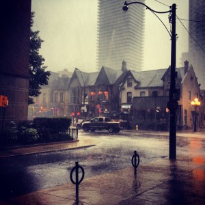 The rain thundered down while we ate dinner.